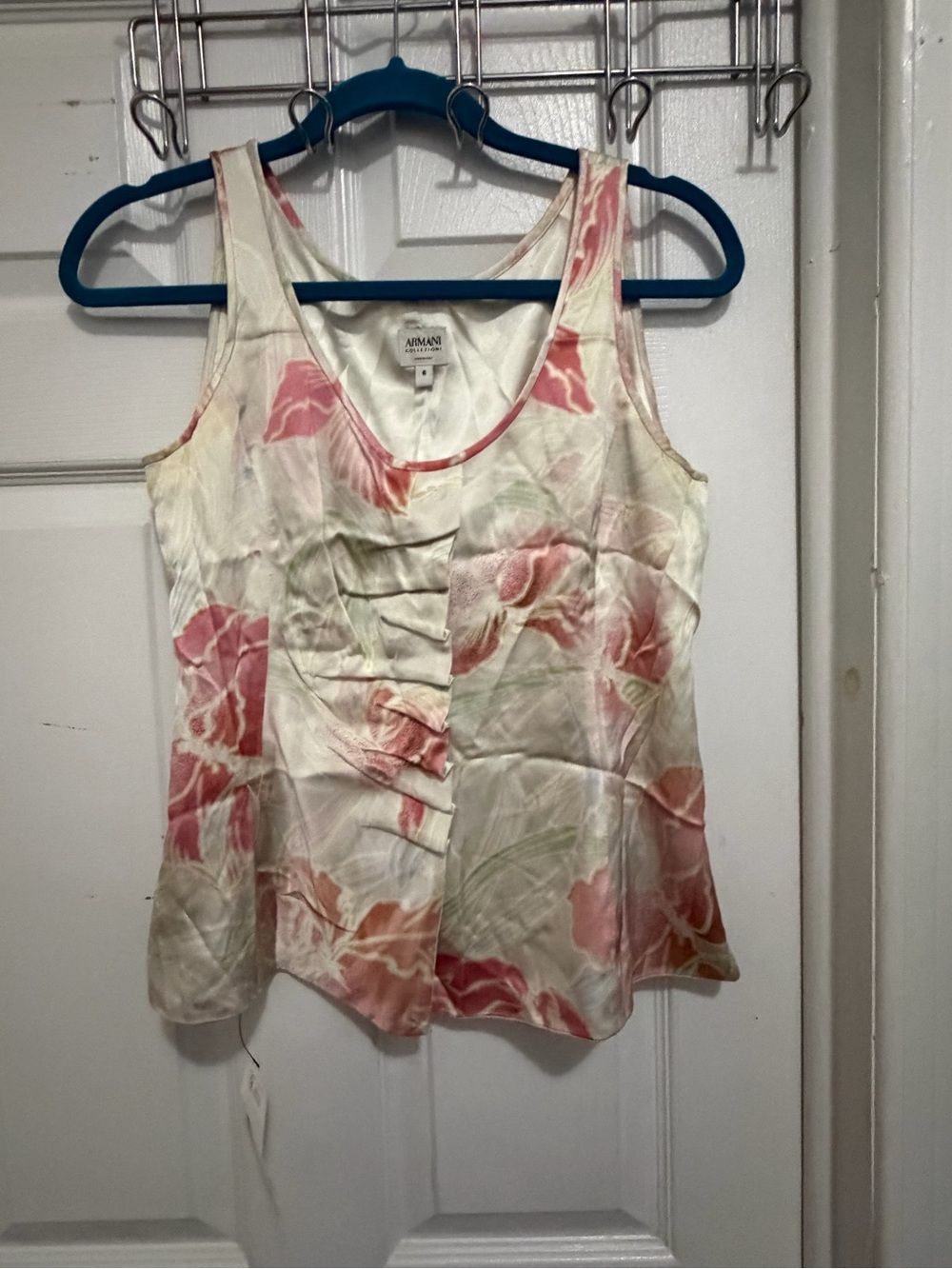 Armani Collezioni Cream Satin Floral Ruffle Tank Top